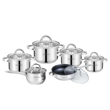 SET DE OLLAS HAUS ROLAND HR101-2 DE ACERO INOXIDABLE CON TAPA 12 PIEZAS